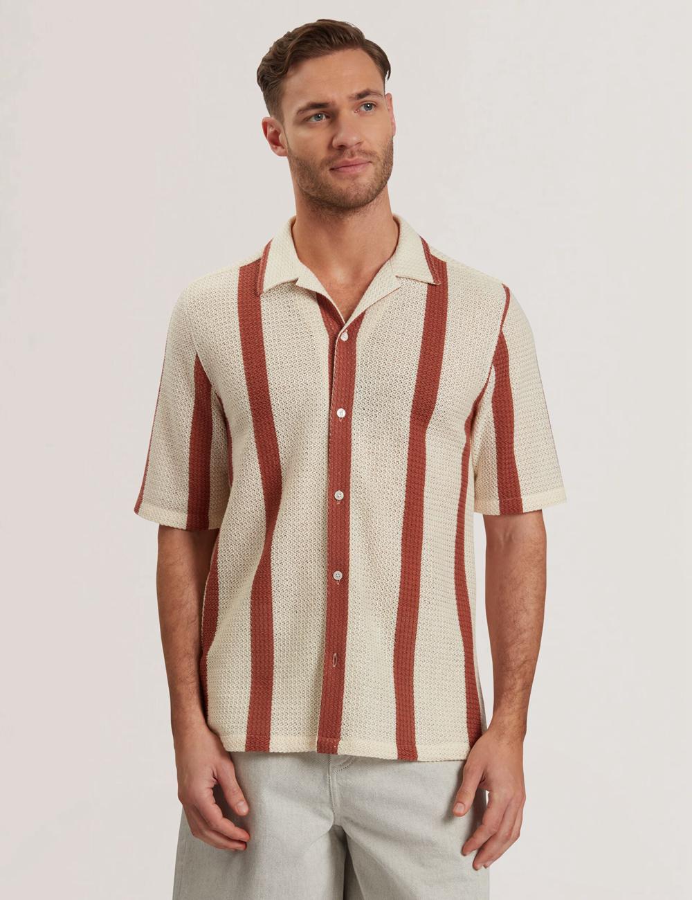 Ted Baker NIKS - Short Sleeve Stripe Crochet Oversized Overhemd Heren Taupe | JUWN-97365
