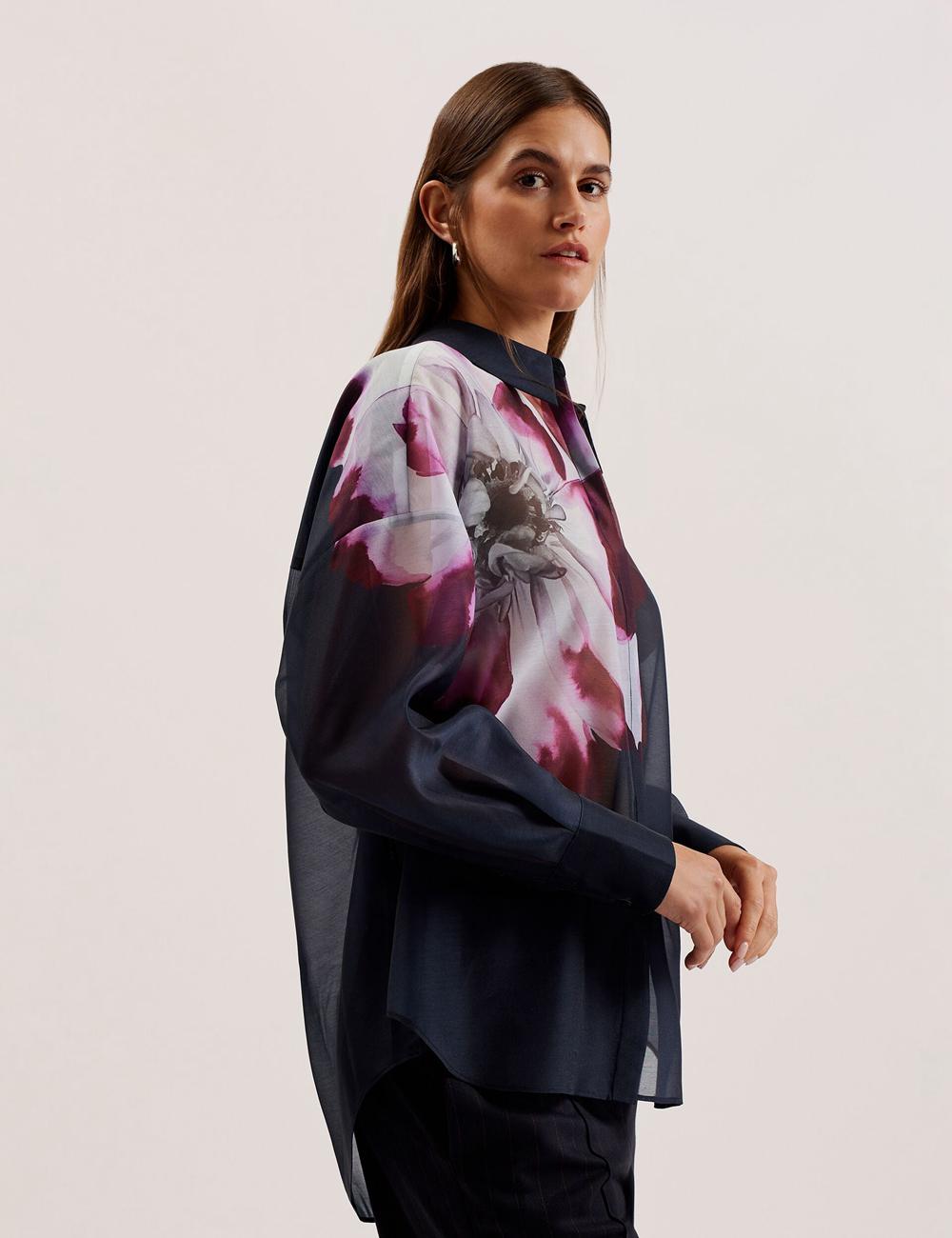 Ted Baker ORRIN - Floral Sheer Organza Oversized Overhemd Dames Donkerblauw | IJGY-71523