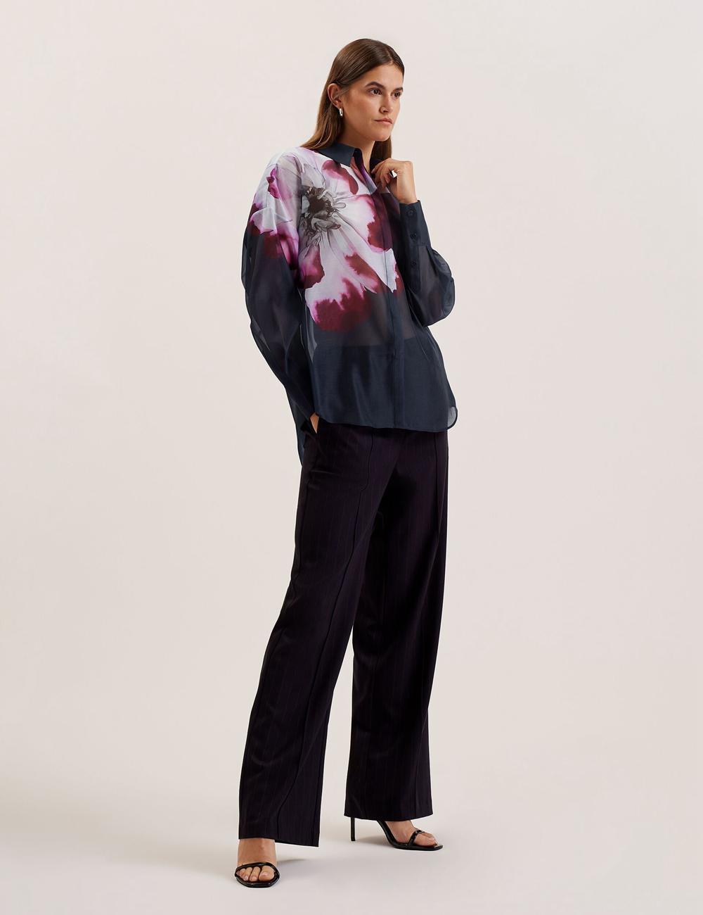 Ted Baker ORRIN - Floral Sheer Organza Oversized Overhemd Dames Donkerblauw | IJGY-71523