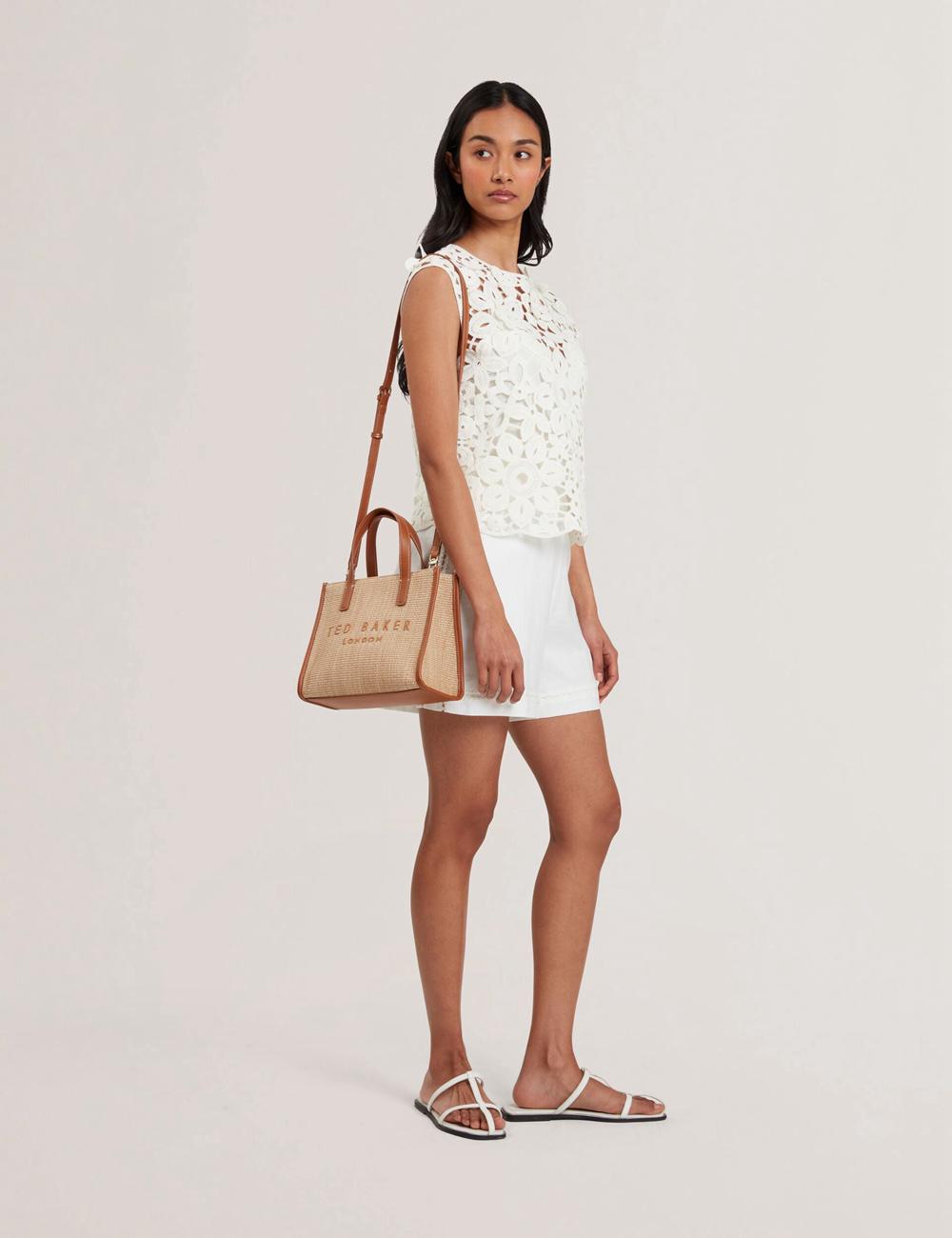 Ted Baker PAOLINA - Faux Raffia PU Trim Small Tote Tassen Dames Camel | JYCW-17923