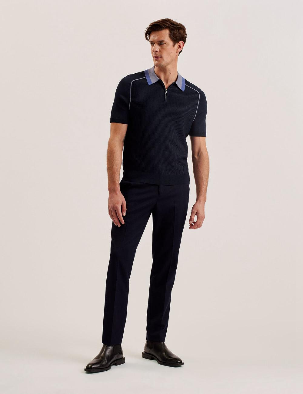 Ted Baker PAXTO - Textured Zip With Striped Collar Poloshirt Heren Donkerblauw | TBOQ-92504