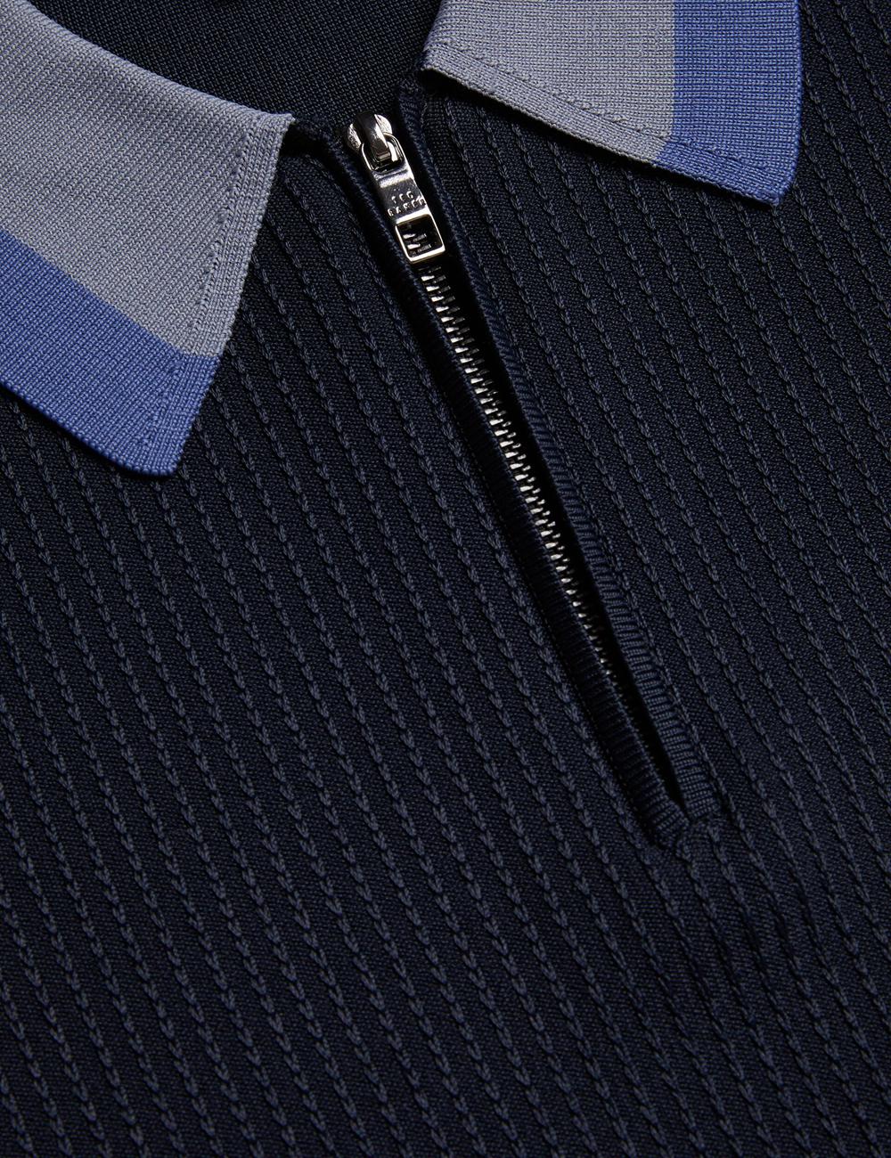 Ted Baker PAXTO - Textured Zip With Striped Collar Poloshirt Heren Donkerblauw | TBOQ-92504