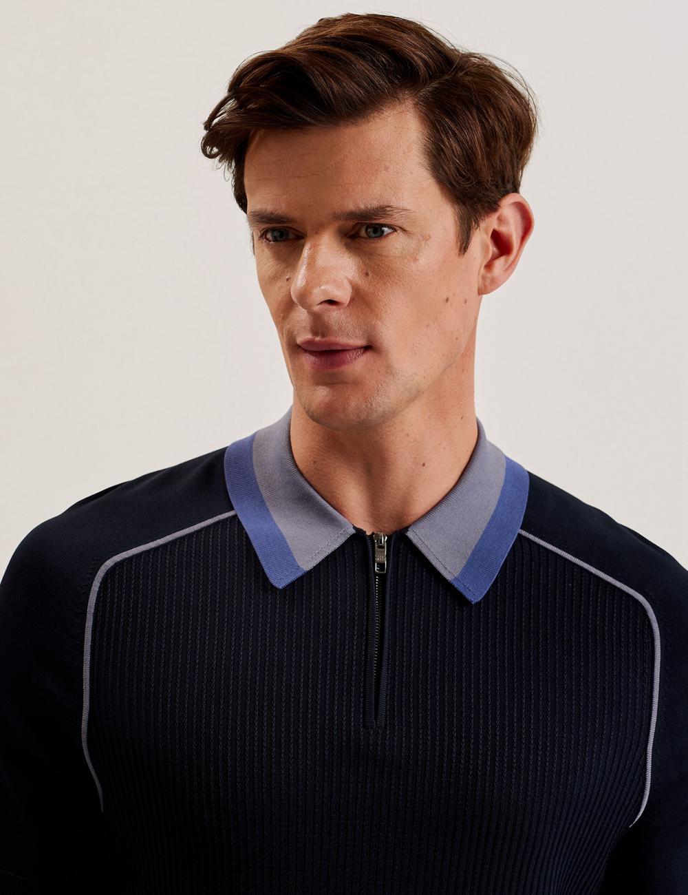 Ted Baker PAXTO - Textured Zip With Striped Collar Poloshirt Heren Donkerblauw | TBOQ-92504