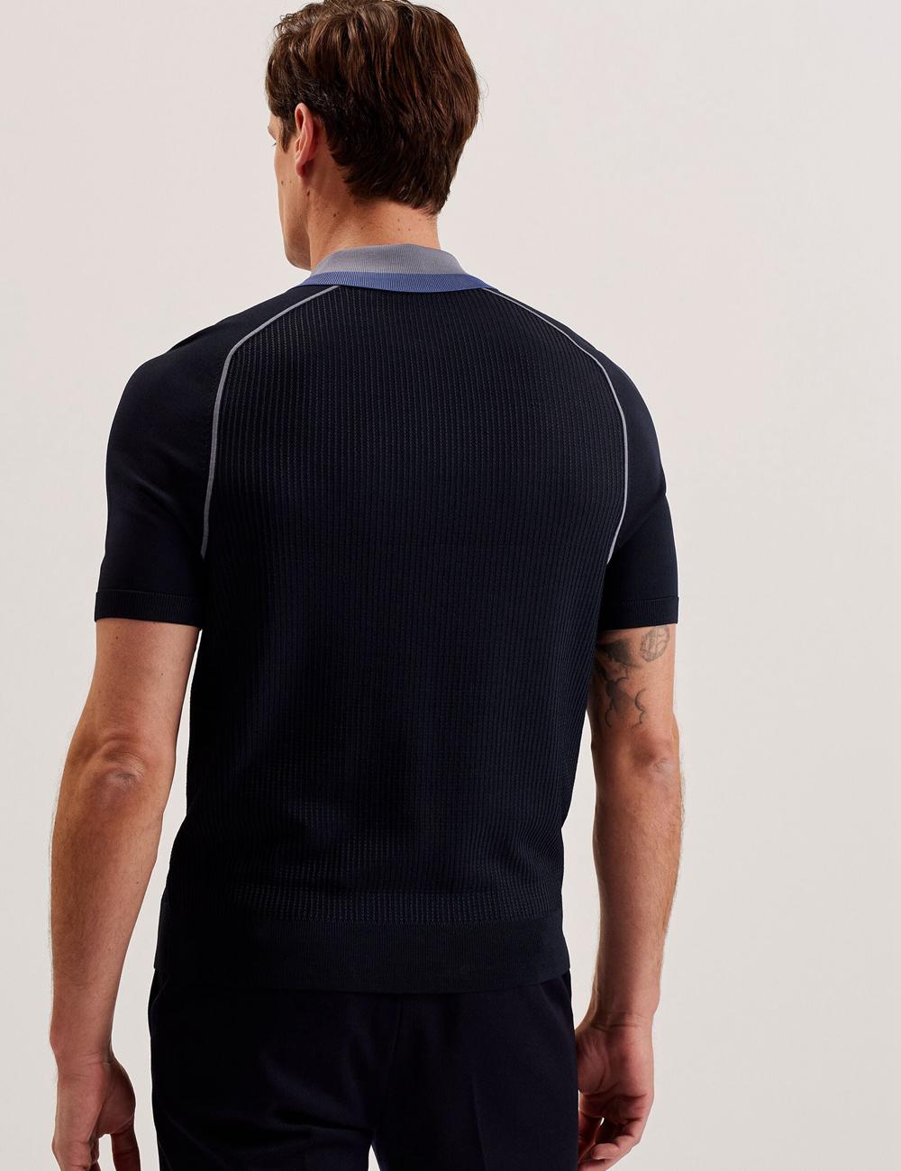 Ted Baker PAXTO - Textured Zip With Striped Collar Poloshirt Heren Donkerblauw | TBOQ-92504