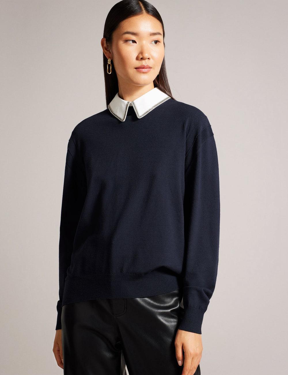 Ted Baker PENNII - Mockable With Embellished Shirt Collar Jumpers Dames Donkerblauw | ISMU-45962