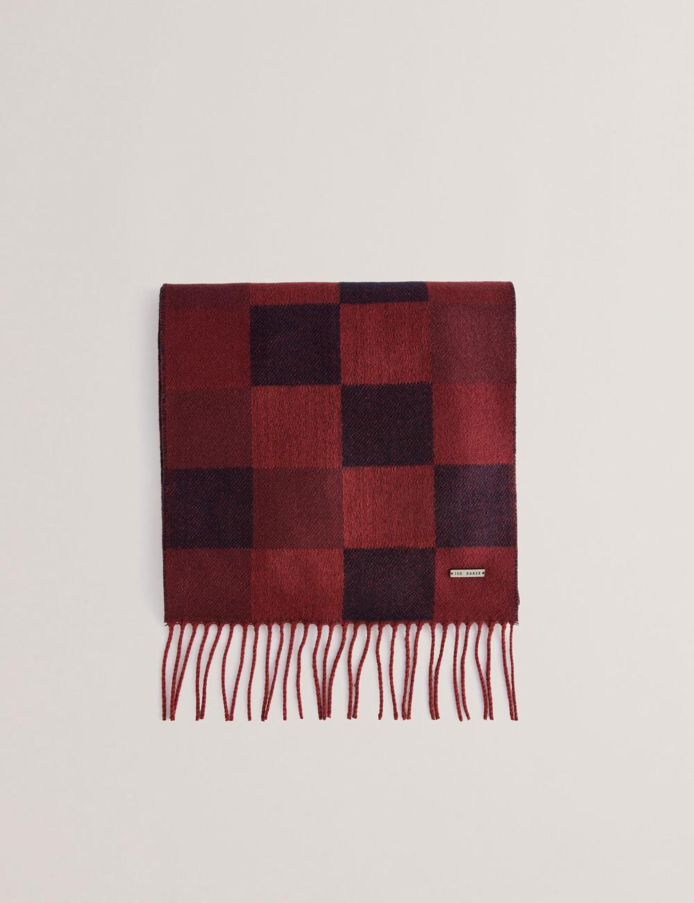 Ted Baker PETERRR - Block Check With Fringe Trim Woven Sjaals Heren Oxblood | JOQP-65183