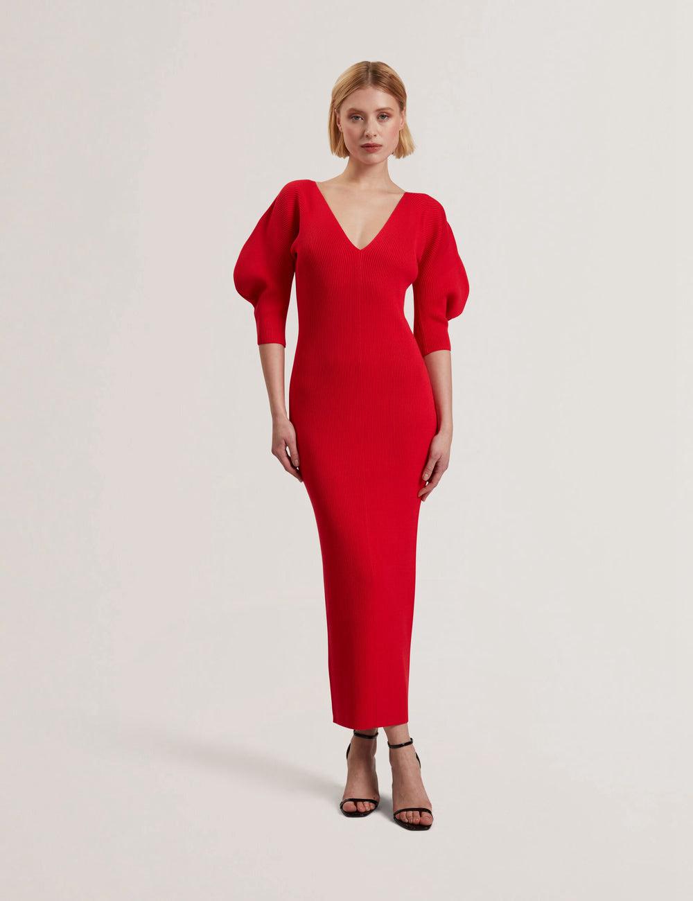 Ted Baker PRICILA - Shaped Sleeve Knitted Bodycon Midi-jurk Dames Rood | KWVC-72136