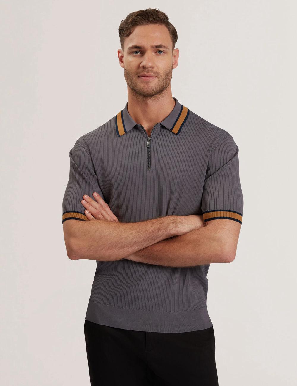 Ted Baker RAFAELO - Striped Trim Zip Neck Ribbed Poloshirt Heren Grijs | PADK-90862