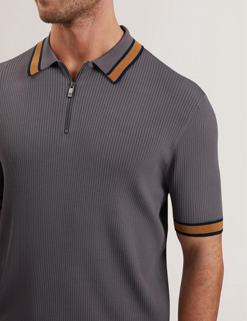 Ted Baker RAFAELO - Striped Trim Zip Neck Ribbed Poloshirt Heren Grijs | PADK-90862