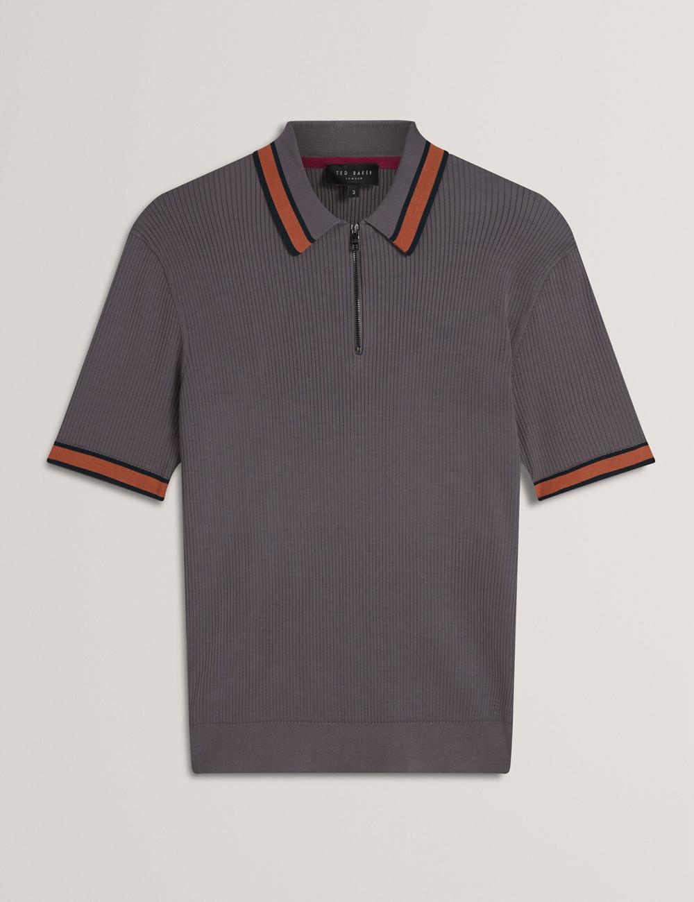 Ted Baker RAFAELO - Striped Trim Zip Neck Ribbed Poloshirt Heren Grijs | PADK-90862