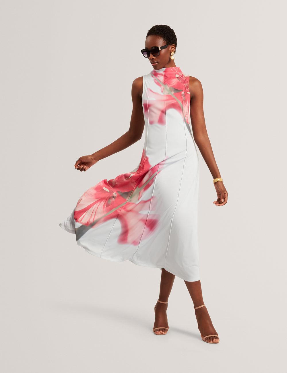 Ted Baker REBEHKA - High Neck Printed Jersey Midi-jurk Dames Blauw | RWEU-26709
