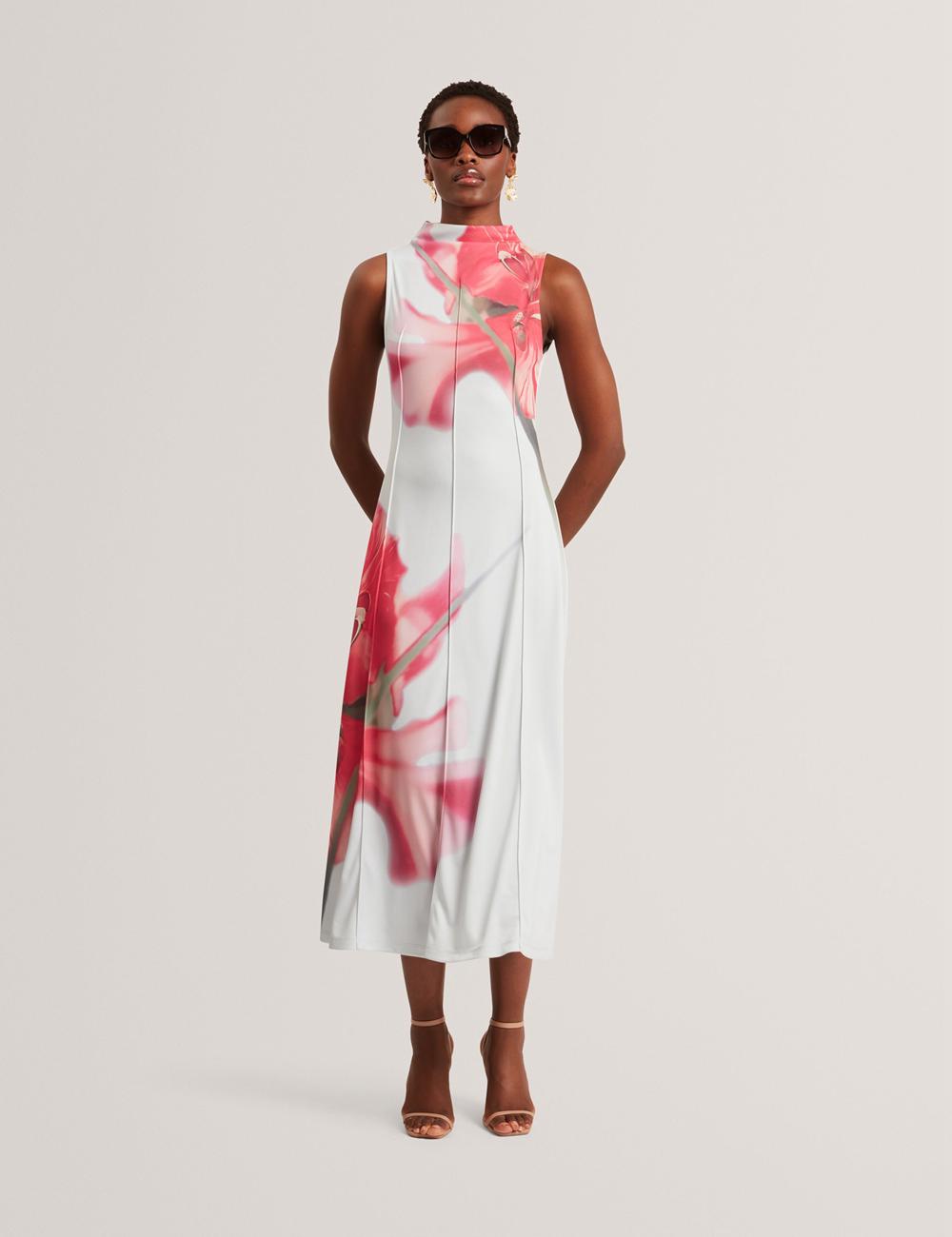 Ted Baker REBEHKA - High Neck Printed Jersey Midi-jurk Dames Blauw | RWEU-26709