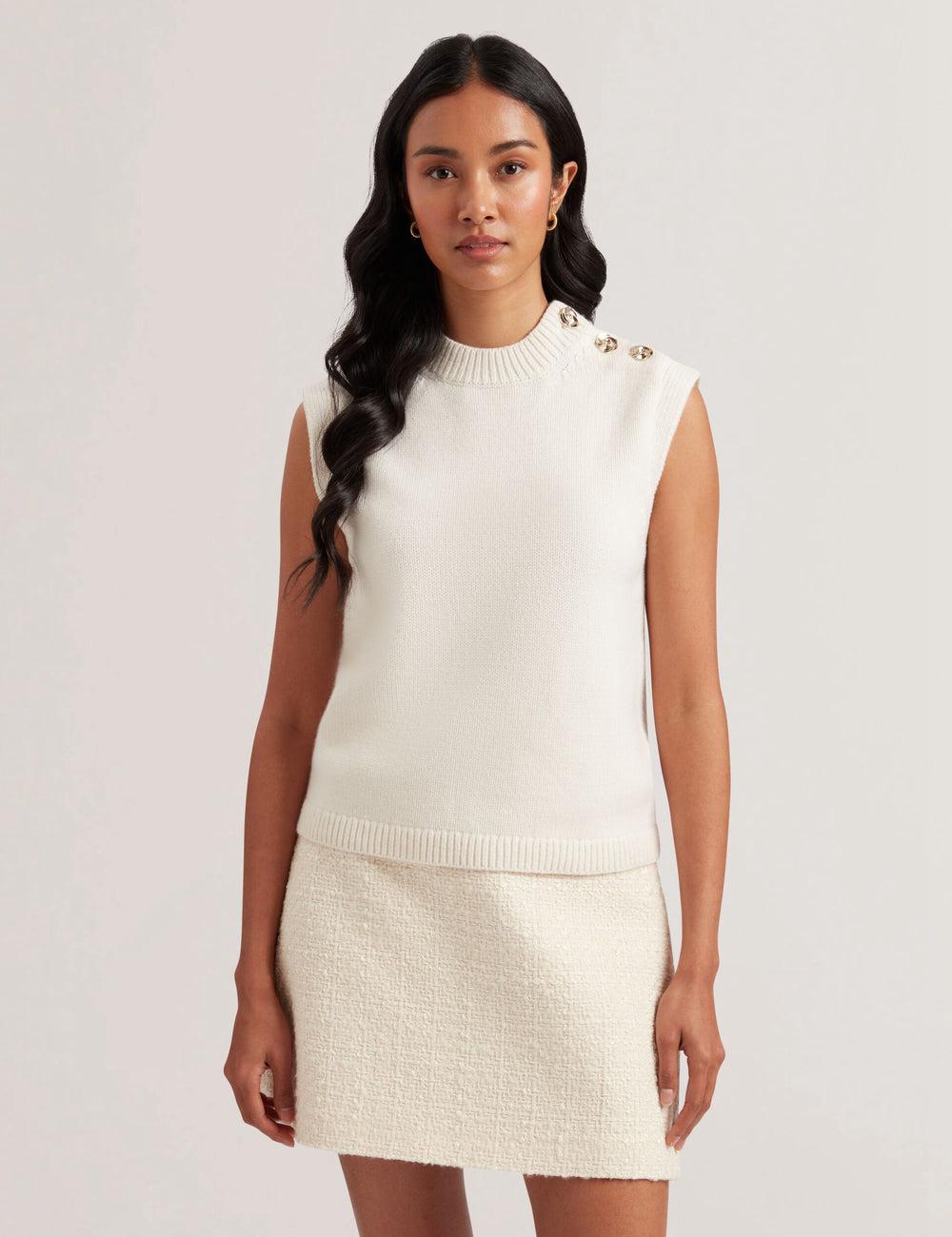 Ted Baker RONDHER - Rose Button Wool Knit Topjes Dames Ivory | BTOV-10257