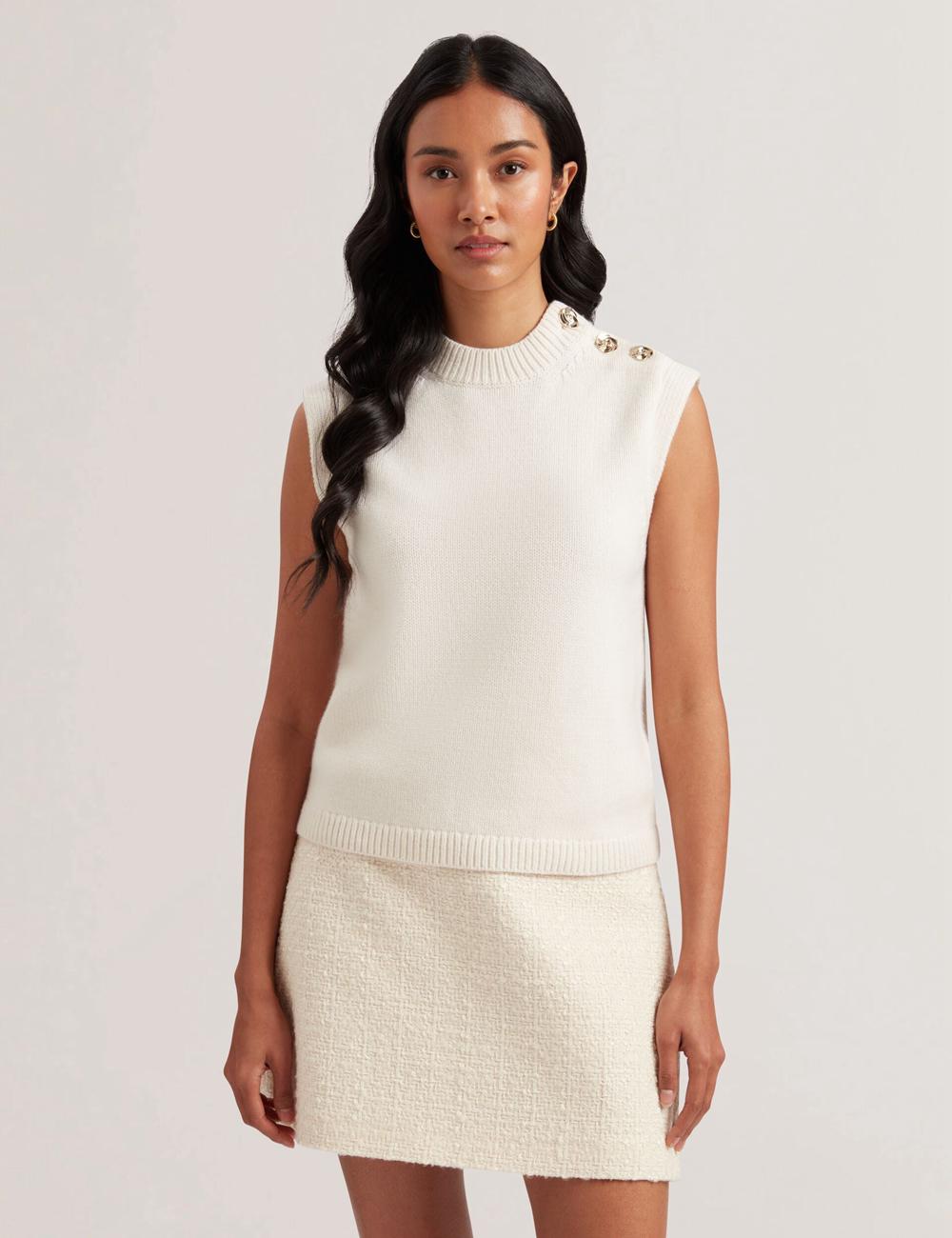 Ted Baker RONDHER - Rose Button Wool Knit Topjes Dames Ivory | BTOV-10257