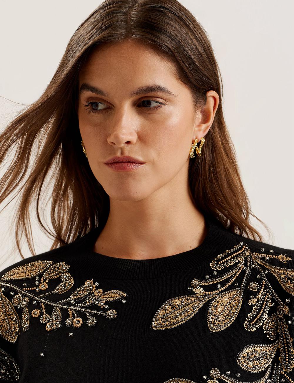 Ted Baker ROSMRRY - Embellished Floral Detail Knitted Jumpers Dames Zwart | LIDF-81436