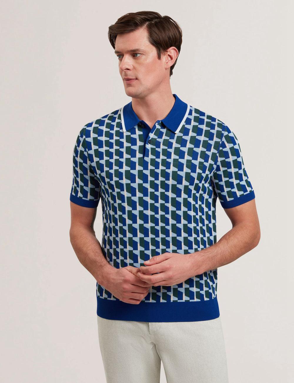 Ted Baker ROSSIO - Geometric Knitted Short Sleeve Poloshirt Heren Donkerblauw | WXTL-38296