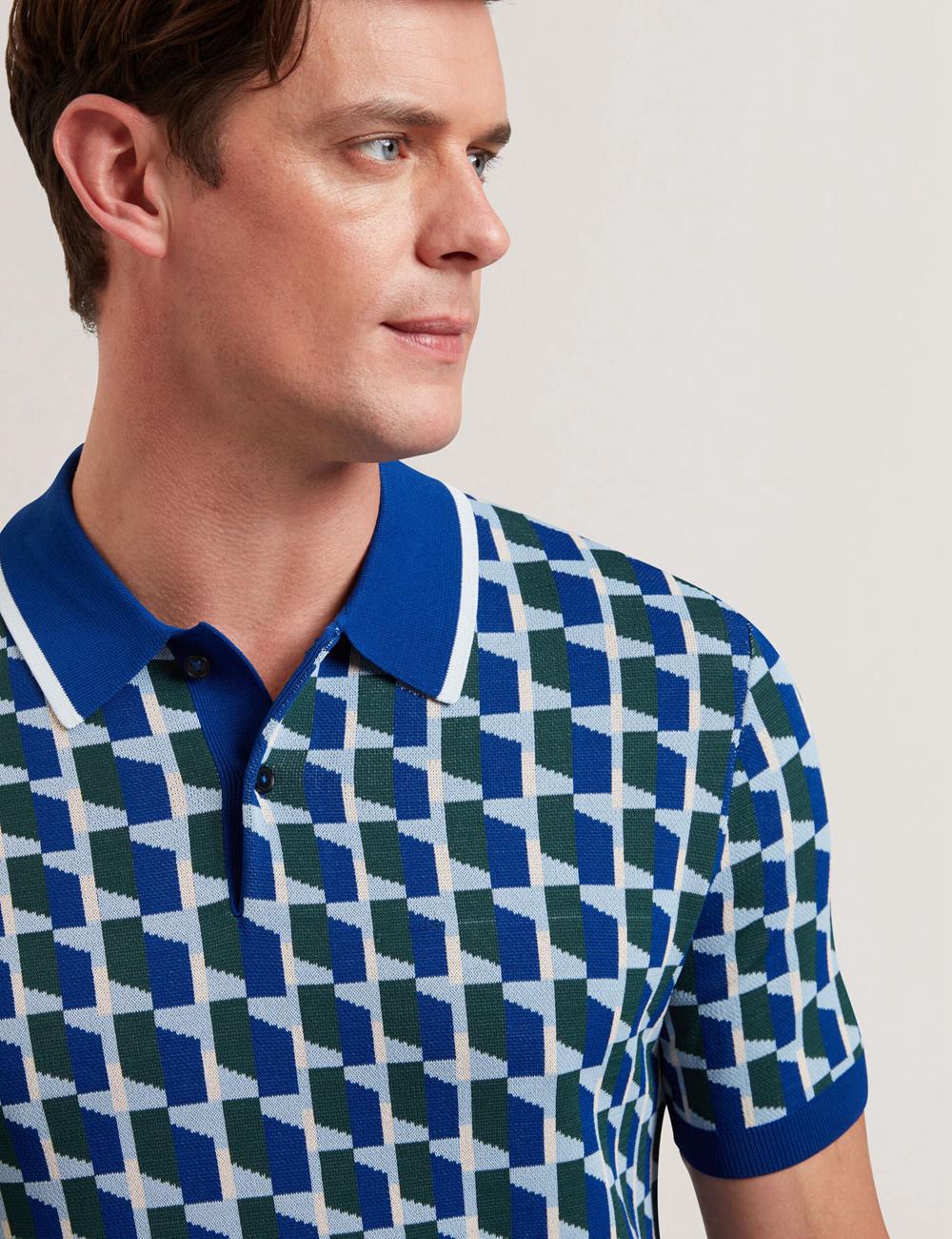 Ted Baker ROSSIO - Geometric Knitted Short Sleeve Poloshirt Heren Donkerblauw | WXTL-38296