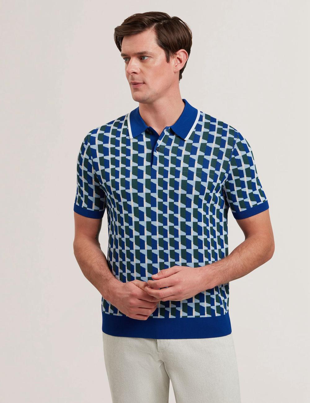 Ted Baker ROSSIO - Geometric Knitted Short Sleeve Poloshirt Heren Donkerblauw | WXTL-38296