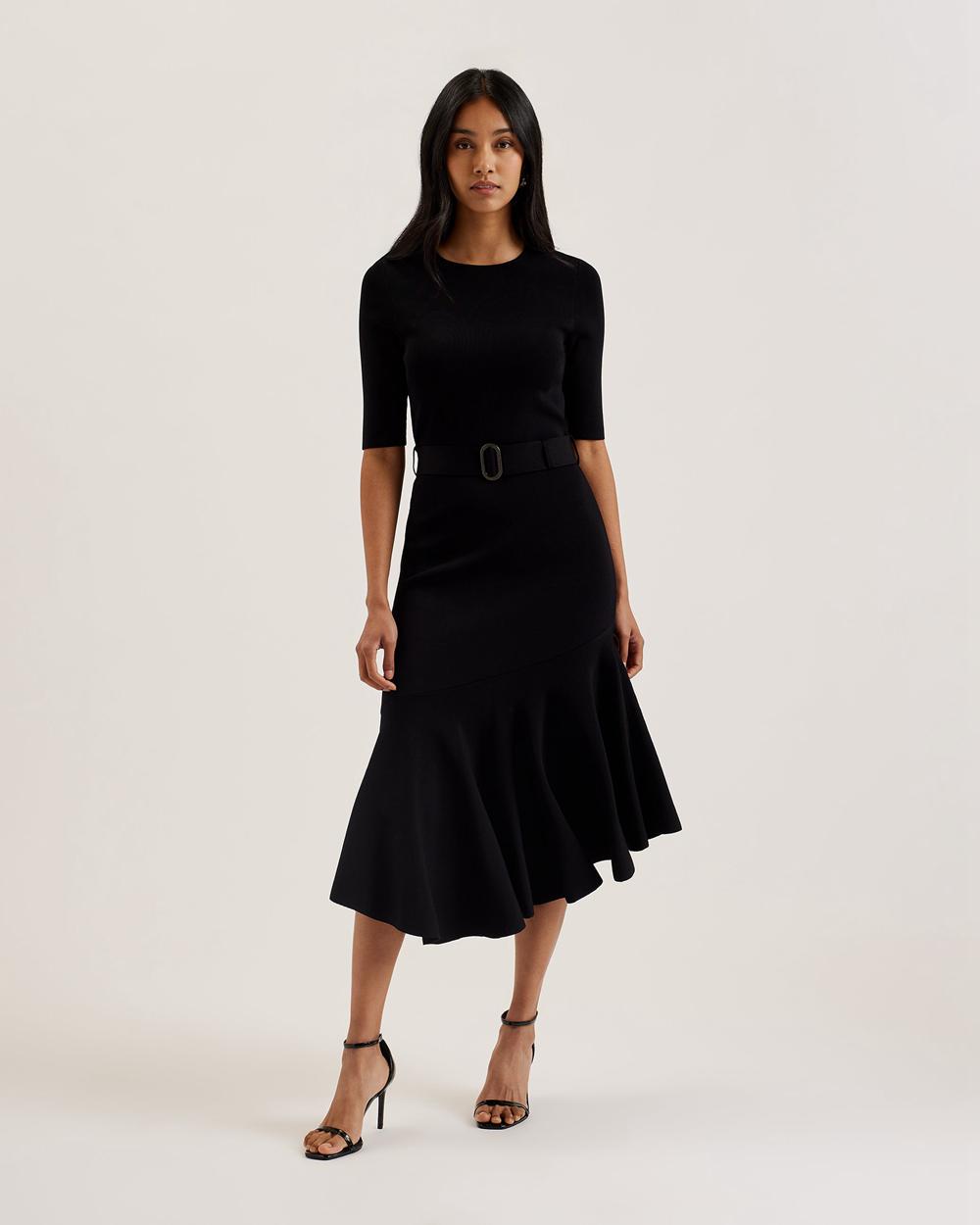 Ted Baker SAMALEE - Flippy Hem Knitted Midi-jurk Dames Zwart | DTMR-41093