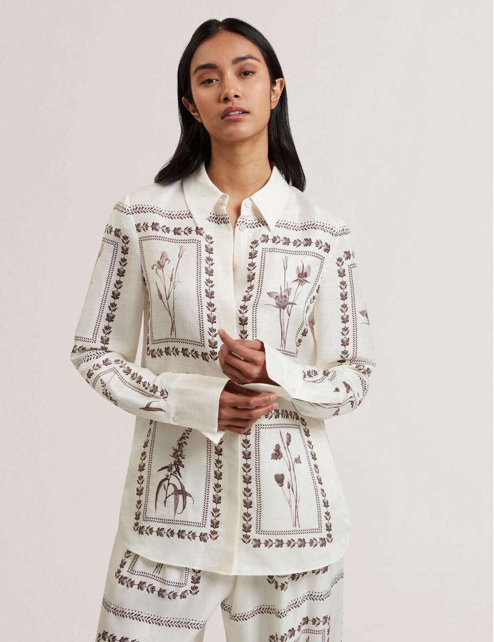 Ted Baker SIMCOA - Panel Print Silk Linen Longline Overhemd Dames Ivory | ECIZ-21735
