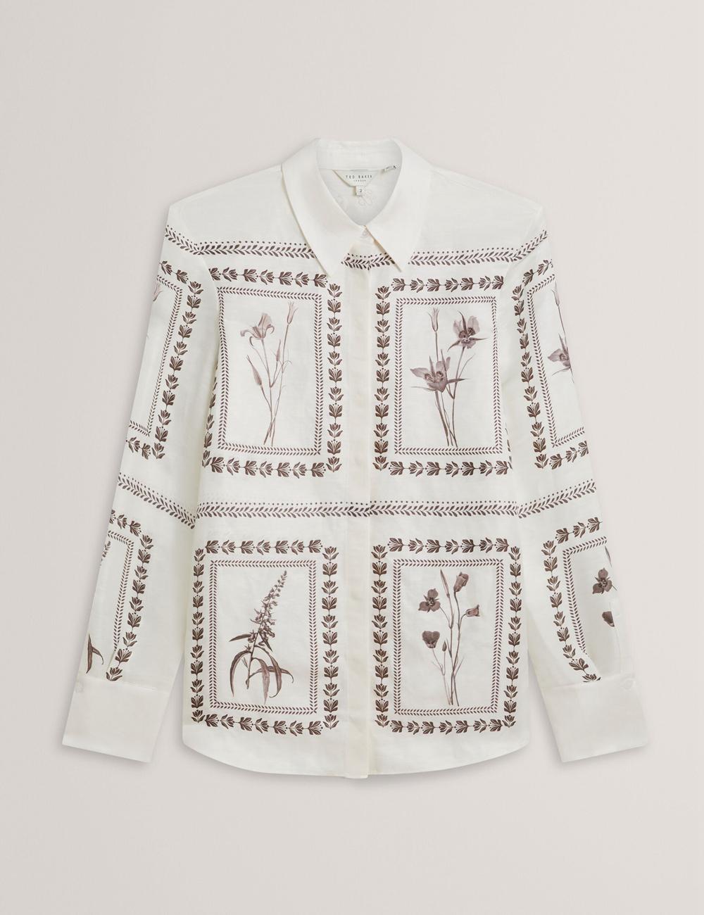 Ted Baker SIMCOA - Panel Print Silk Linen Longline Overhemd Dames Ivory | ECIZ-21735