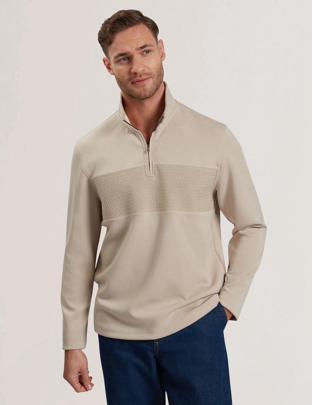 Ted Baker SIMONEA - Textured Panel Half-Zip Modal Sweatshirts Heren Taupe | OLCR-84753