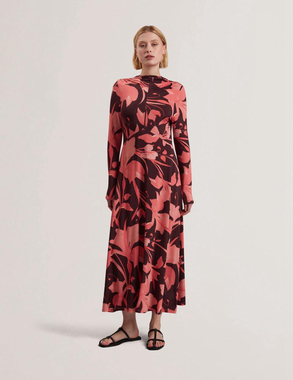 Ted Baker STARLAH - Slinky Printed Jersey Long Sleeve Midi-jurk Dames Bruin | UNCT-24910
