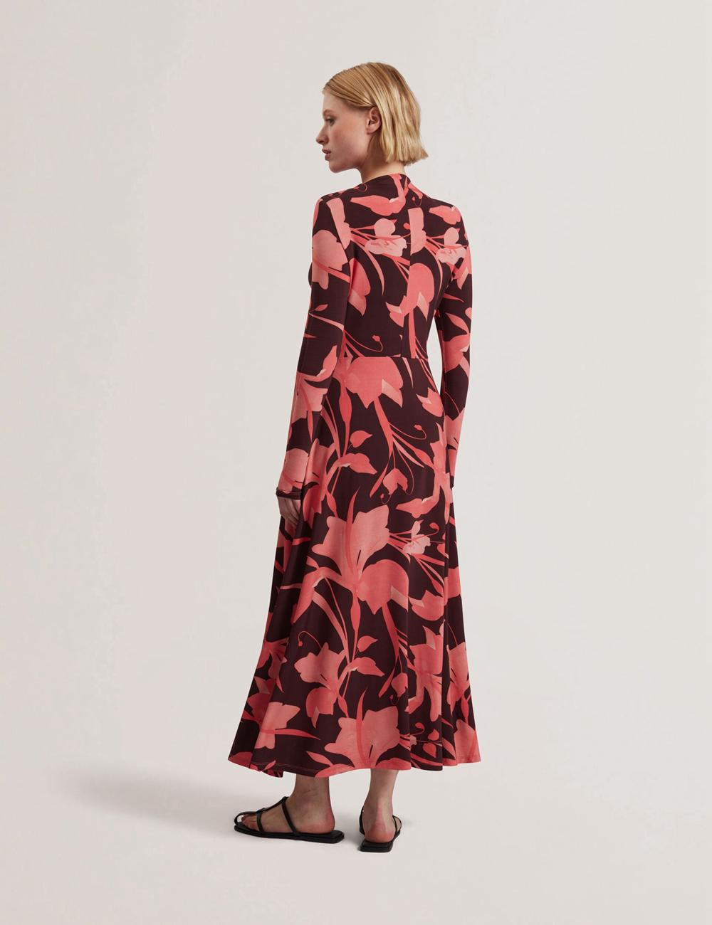 Ted Baker STARLAH - Slinky Printed Jersey Long Sleeve Midi-jurk Dames Bruin | UNCT-24910