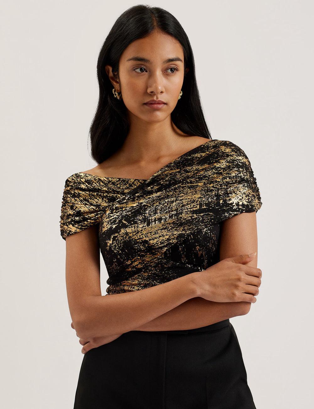 Ted Baker TALULAR - Bardot Foil Printed Mesh Topjes Dames Zwart | OWHC-68345