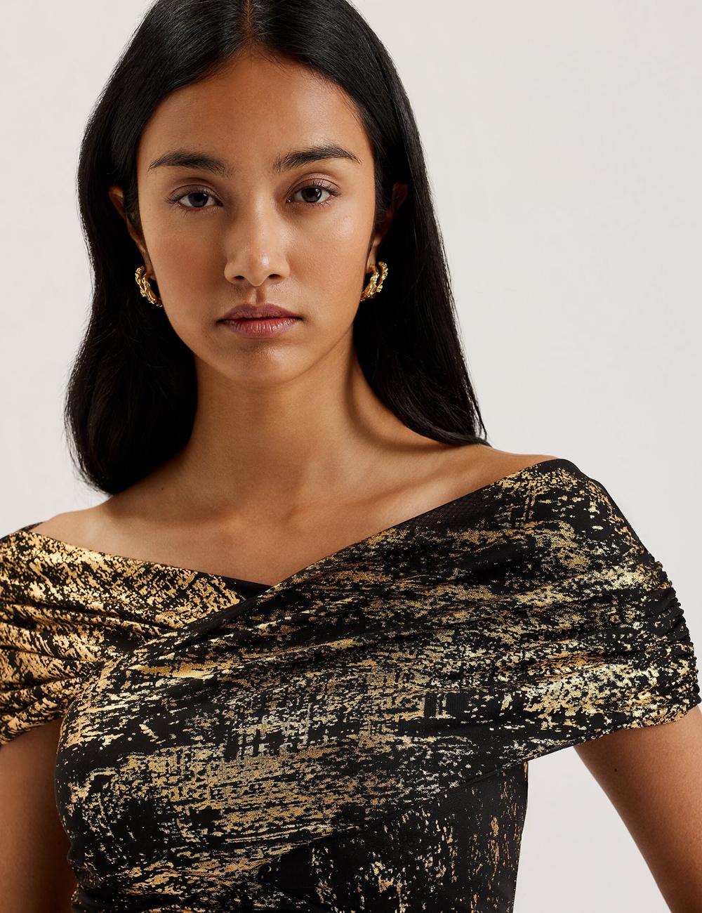 Ted Baker TALULAR - Bardot Foil Printed Mesh Topjes Dames Zwart | OWHC-68345