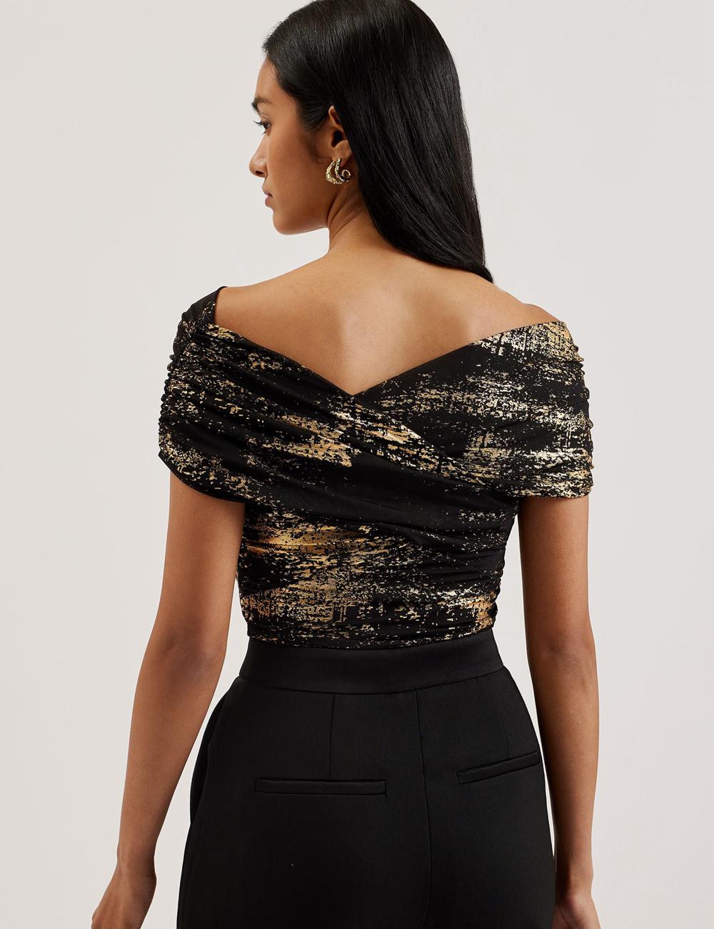 Ted Baker TALULAR - Bardot Foil Printed Mesh Topjes Dames Zwart | OWHC-68345