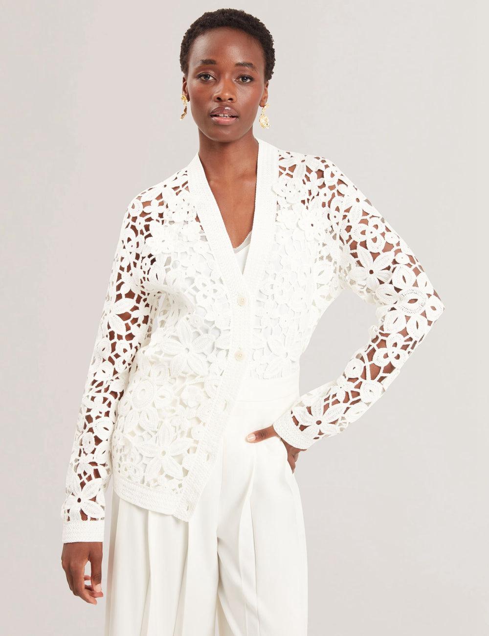 Ted Baker TARLI - Crochet Open Knit Longline Cardigan Dames Wit | ILWQ-57219