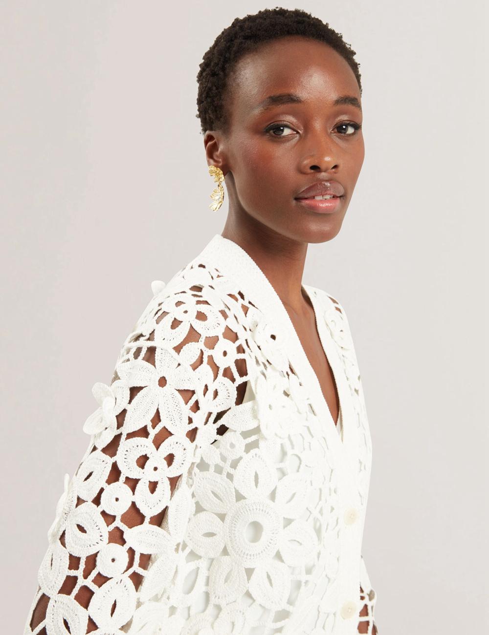 Ted Baker TARLI - Crochet Open Knit Longline Cardigan Dames Wit | ILWQ-57219