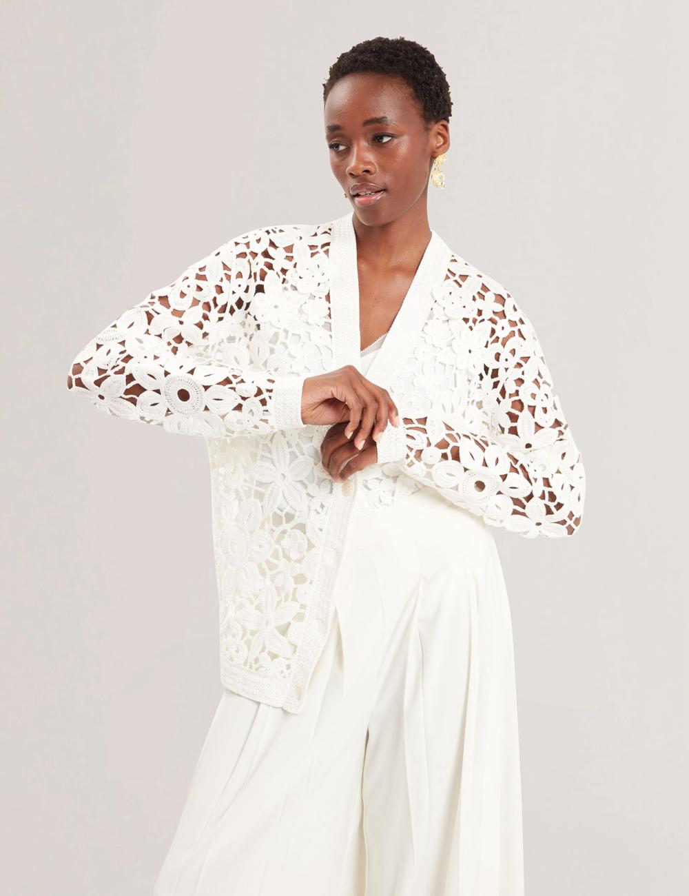 Ted Baker TARLI - Crochet Open Knit Longline Cardigan Dames Wit | ILWQ-57219