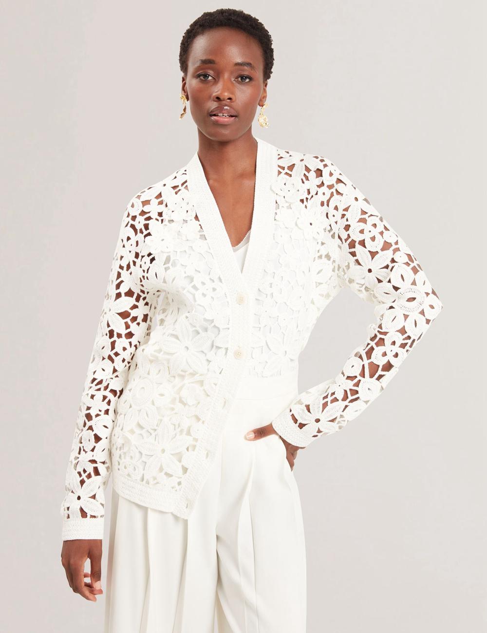 Ted Baker TARLI - Crochet Open Knit Longline Cardigan Dames Wit | ILWQ-57219