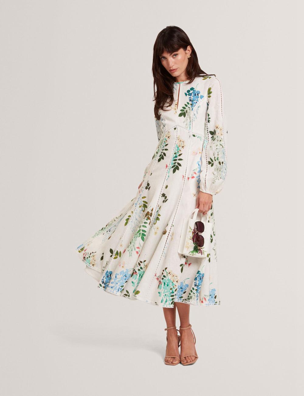 Ted Baker UTALA - Floral Crochet Trim Linen Midi-jurk Dames Wit | NZRF-43068
