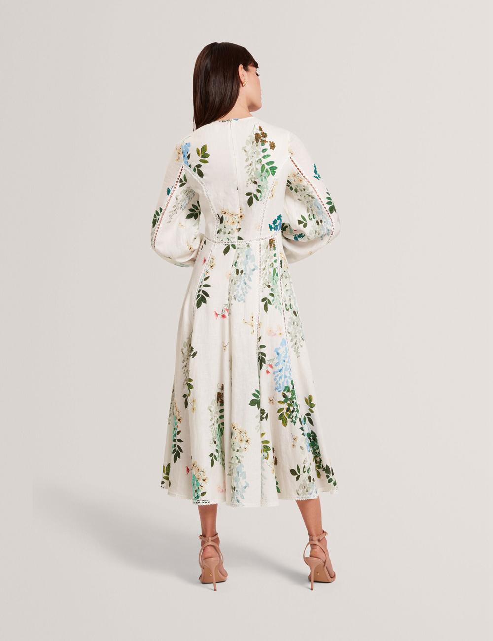 Ted Baker UTALA - Floral Crochet Trim Linen Midi-jurk Dames Wit | NZRF-43068
