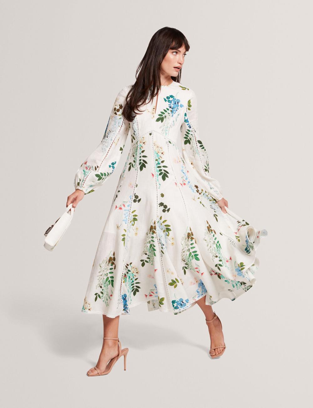 Ted Baker UTALA - Floral Crochet Trim Linen Midi-jurk Dames Wit | NZRF-43068