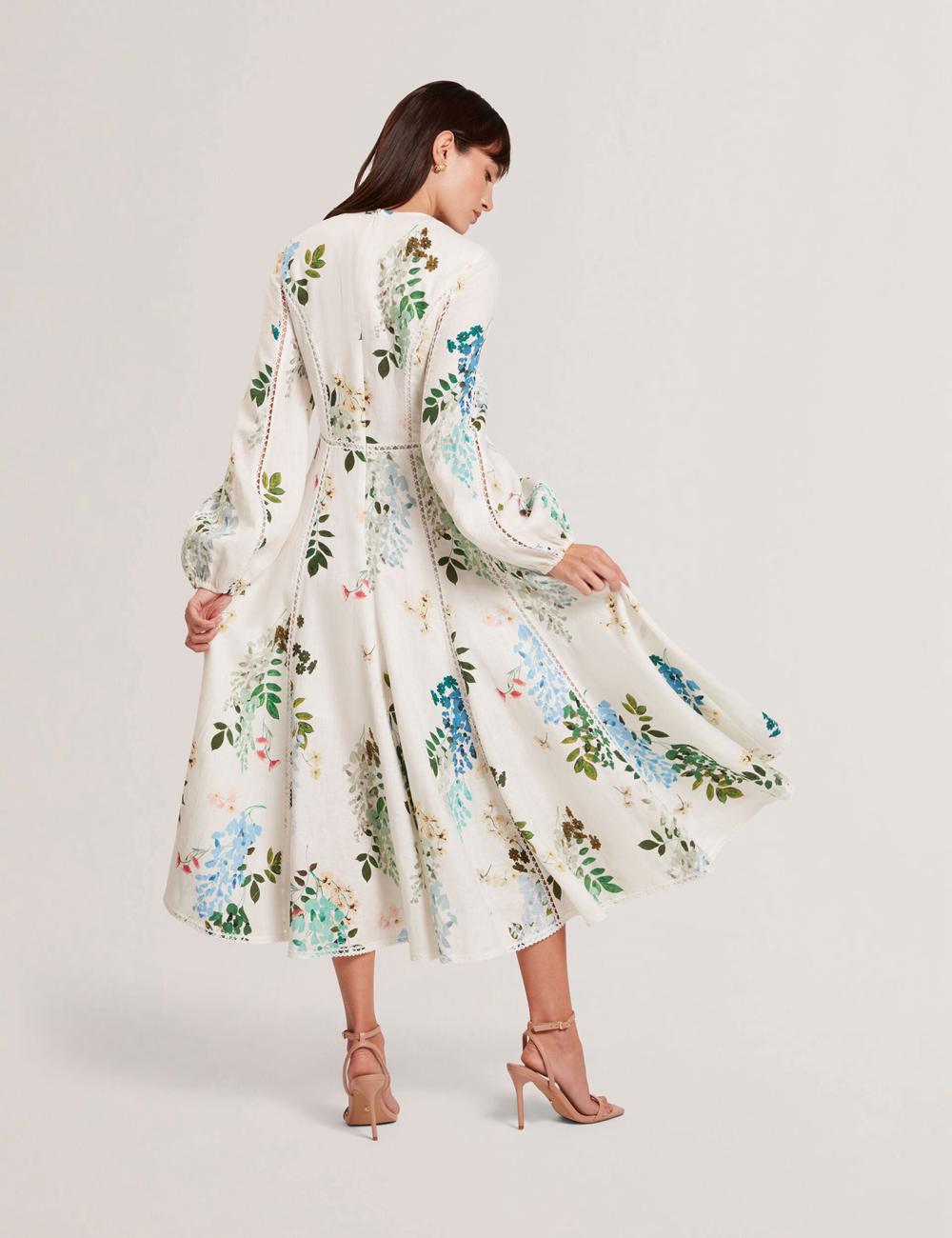 Ted Baker UTALA - Floral Crochet Trim Linen Midi-jurk Dames Wit | NZRF-43068