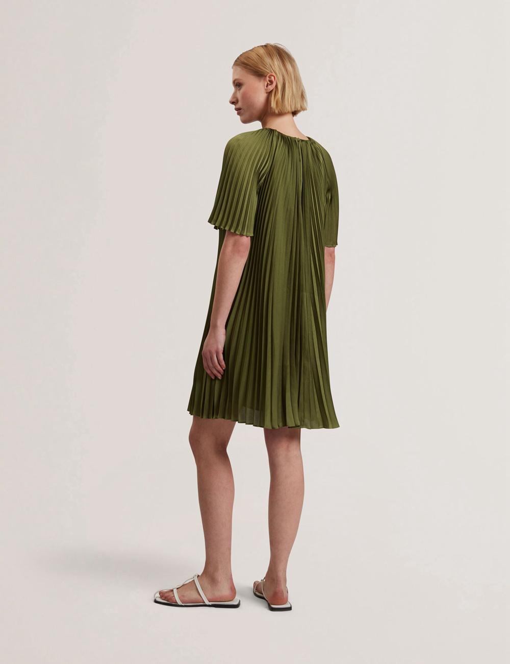 Ted Baker VINLAA - Floral Graphic Pleated Satin Mini-jurk Dames Groen | JREX-19258