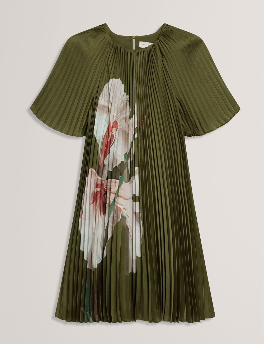 Ted Baker VINLAA - Floral Graphic Pleated Satin Mini-jurk Dames Groen | JREX-19258