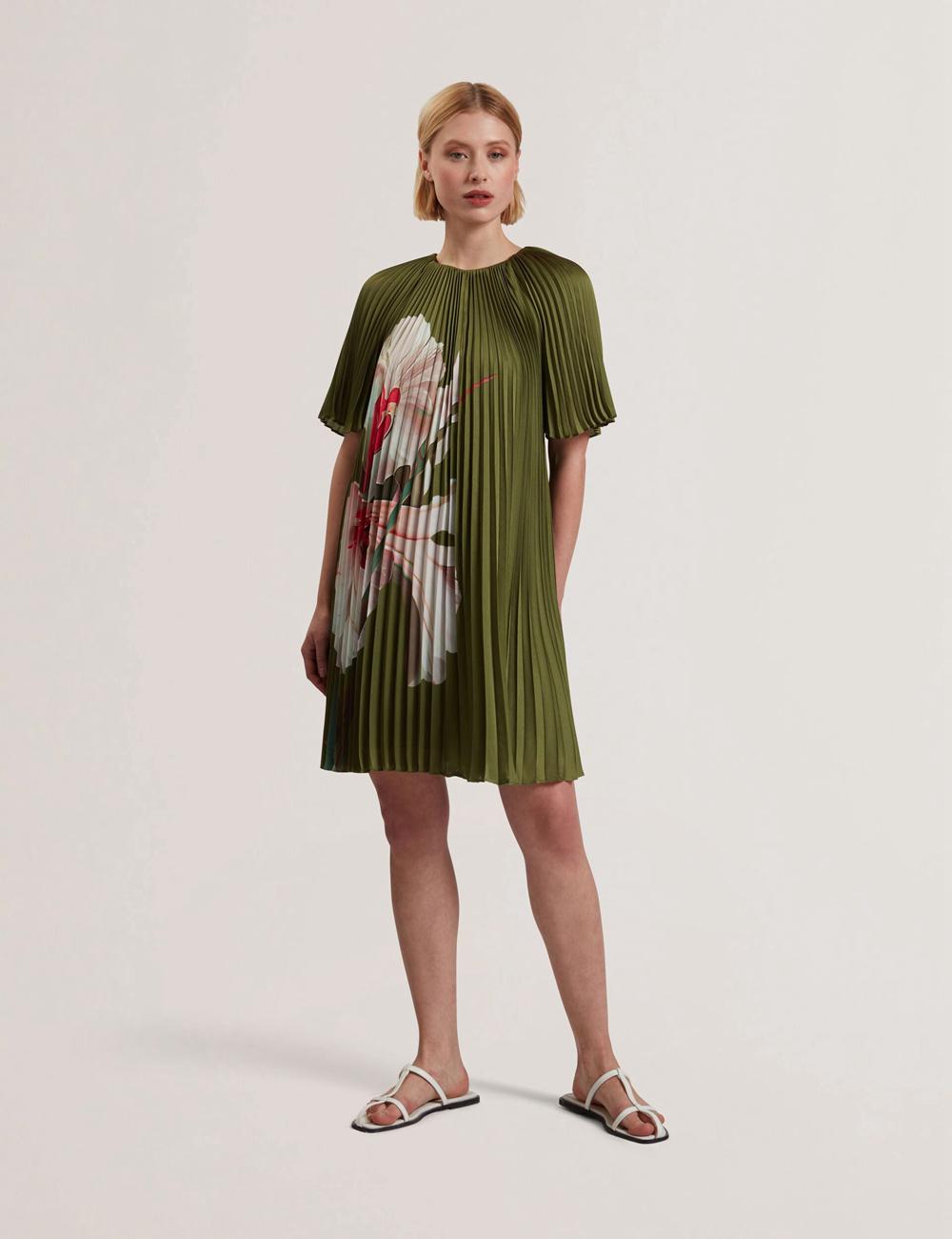 Ted Baker VINLAA - Floral Graphic Pleated Satin Mini-jurk Dames Groen | JREX-19258