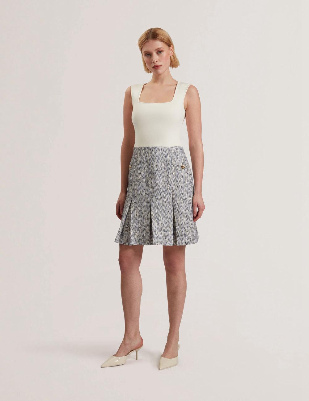 Ted Baker VULPAM - Sleeveless Knit Bodice Boucle Mini-jurk Dames Blauw | QLKZ-35827