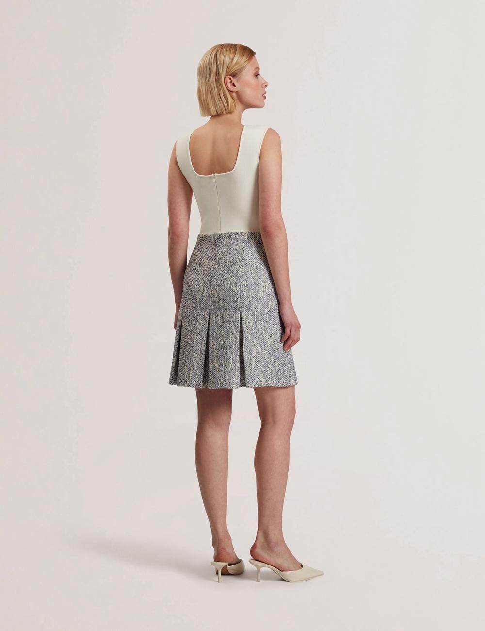Ted Baker VULPAM - Sleeveless Knit Bodice Boucle Mini-jurk Dames Blauw | QLKZ-35827