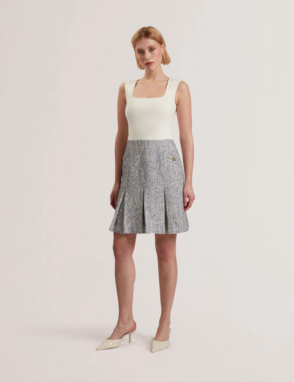 Ted Baker VULPAM - Sleeveless Knit Bodice Boucle Mini-jurk Dames Blauw | QLKZ-35827