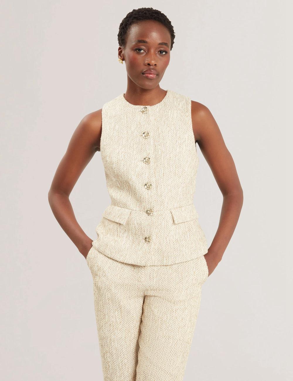 Ted Baker VULPAW - Boucle Herringbone Fitted Pak Gilet Dames Ivory | JAHK-81379
