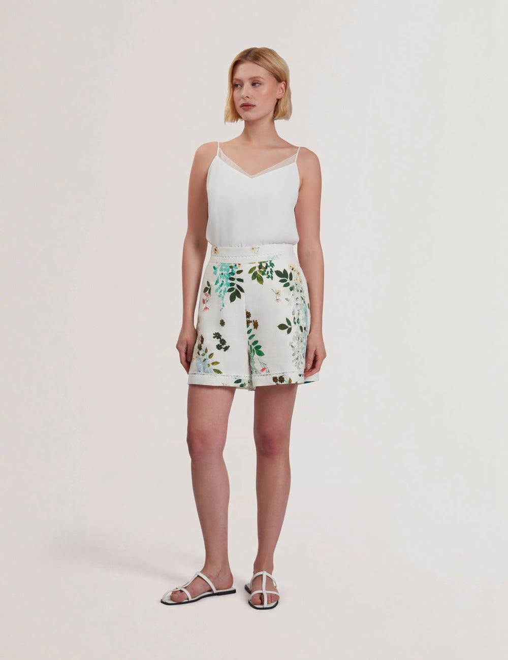 Ted Baker VYLLA - Floral High Waist Linen With Trim Detail Korte Broek Dames Wit | NYQT-87924