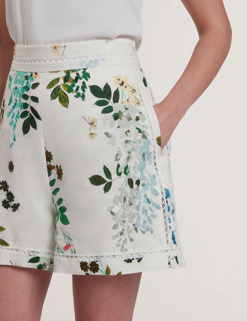Ted Baker VYLLA - Floral High Waist Linen With Trim Detail Korte Broek Dames Wit | NYQT-87924