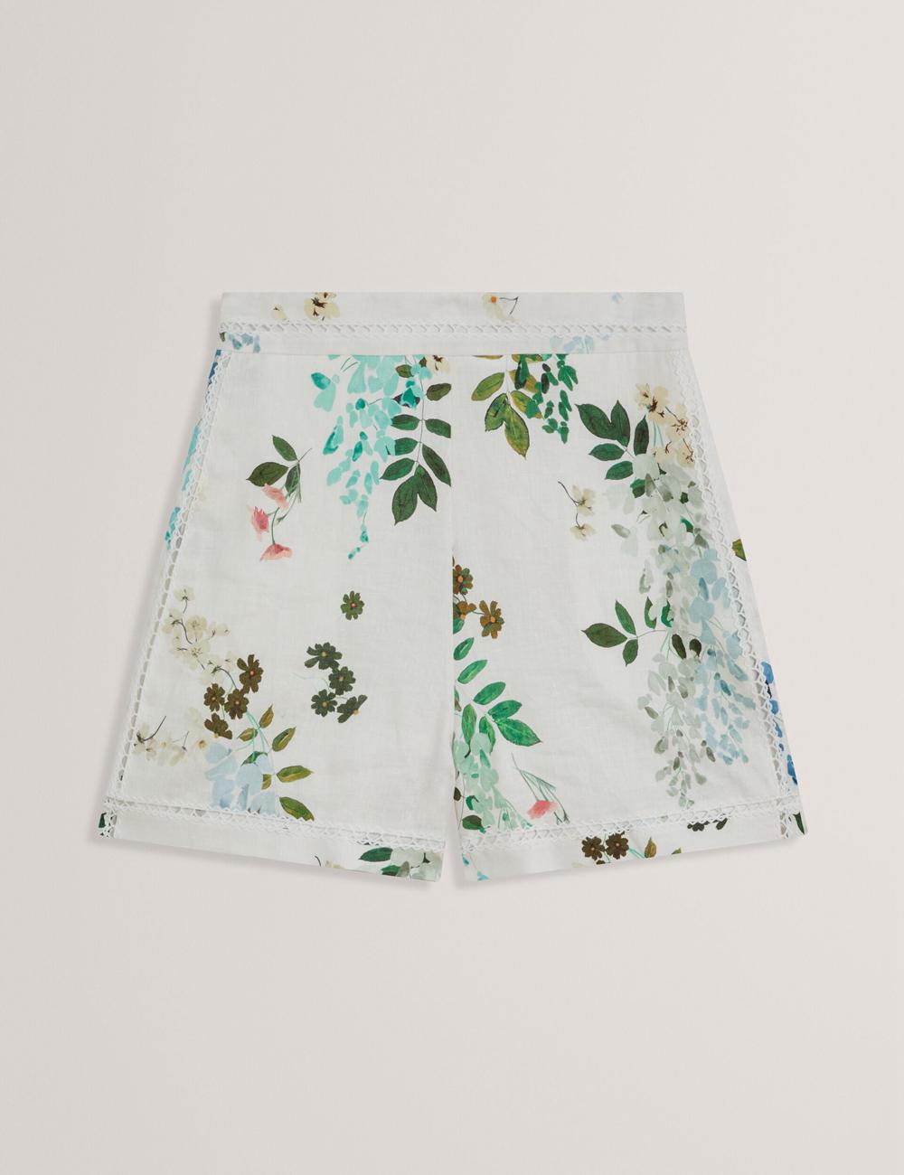 Ted Baker VYLLA - Floral High Waist Linen With Trim Detail Korte Broek Dames Wit | NYQT-87924
