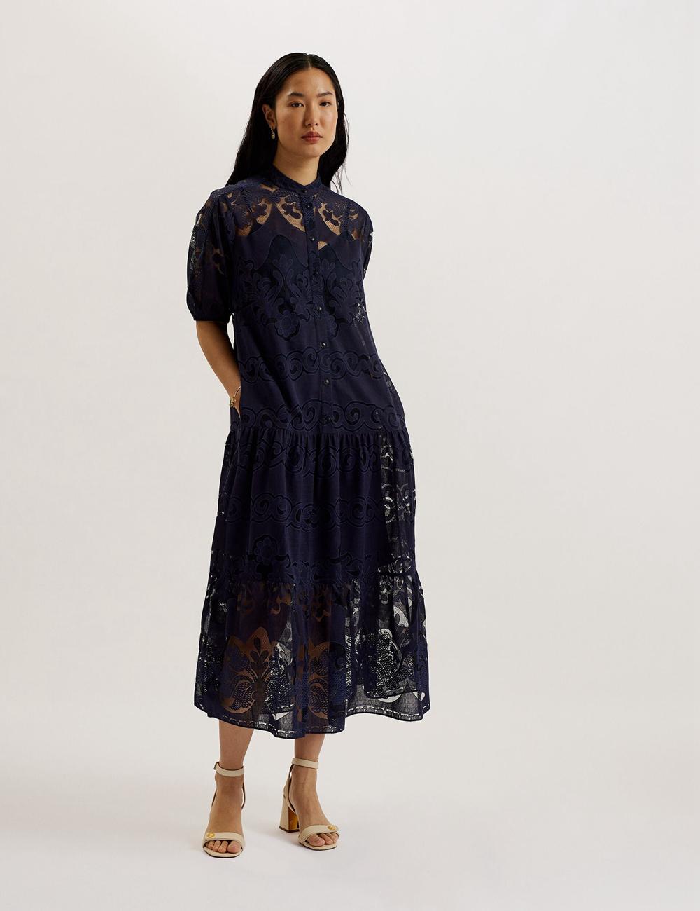 Ted Baker XATIVA - Lace Puff Sleeve Midi Shift Midi-jurk Dames Blauw | FVRU-10374